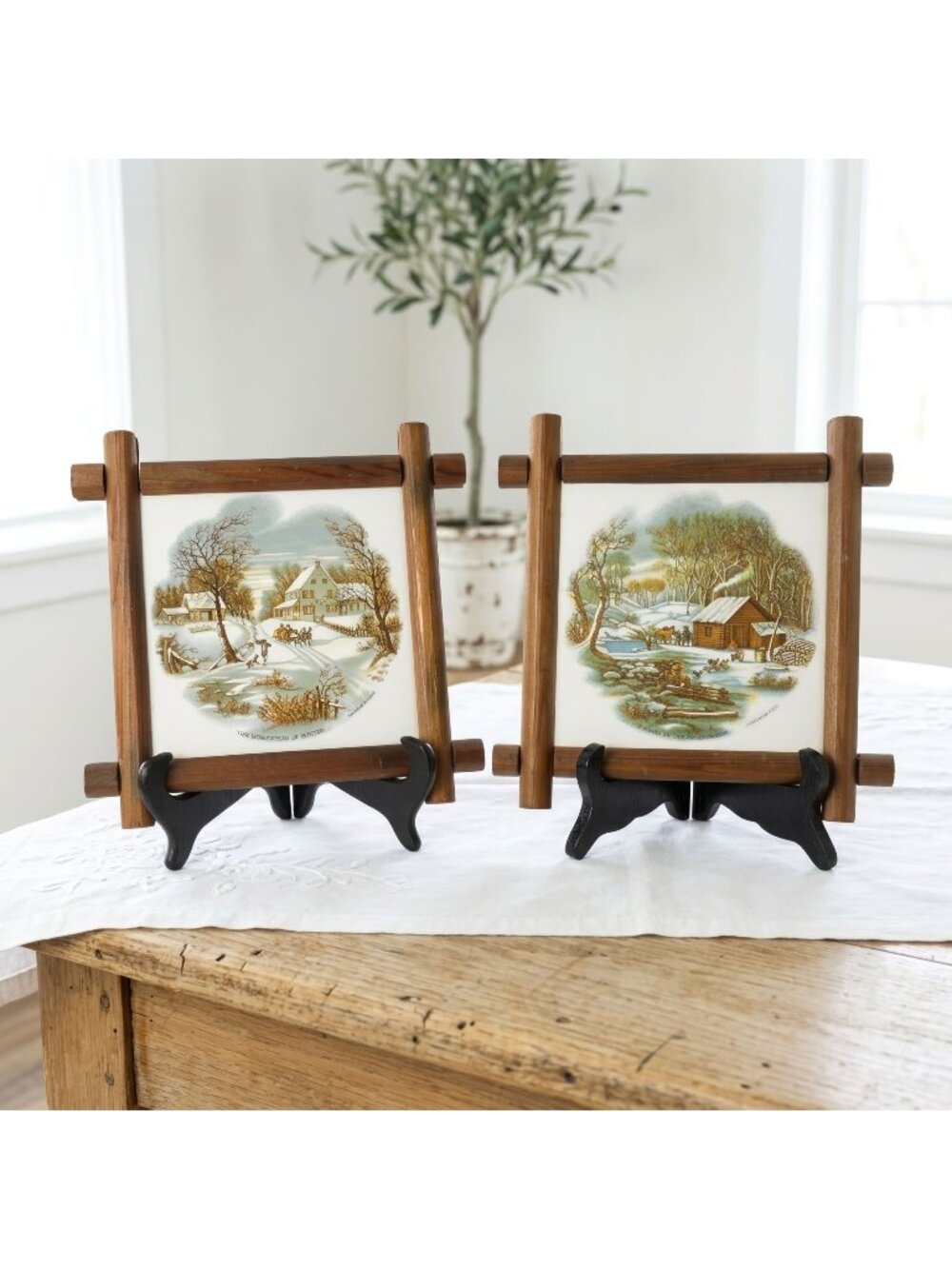 Vintage Currier & Ives Winter Tile Wall Plaques Wood Frame Set of 2